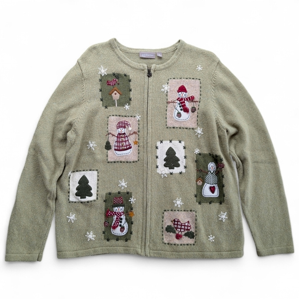 Christmas Snowman & Birds Holiday Farm Sweater Full Zip Women's Sz 1x Vintage